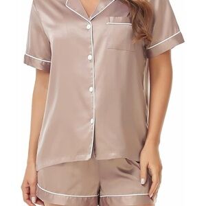 Women's Satin Pajama Set - Tan